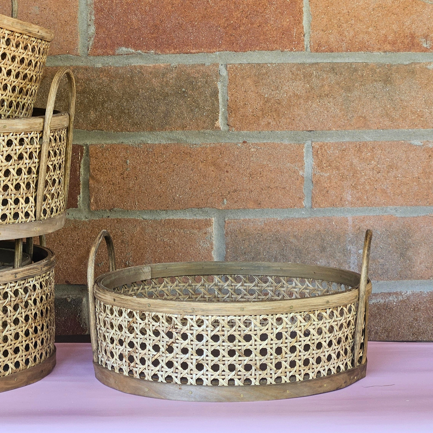 Rattan Circular Baskets with Wooden Base